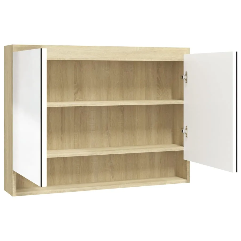Meuble miroir de salle de bain suspendu coloris blanc et bois 80 cm