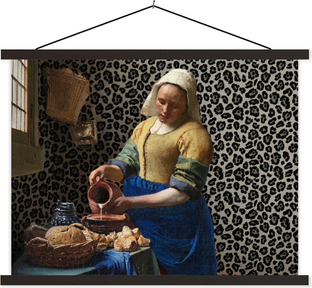 MuchoWow Textilposter Milchmädchen - Kunst - Pantherdruck - Vermeer - Gemälde - Alte Meister 120x90 cm mit schwarzem Rahmen - Aufhänger für P...