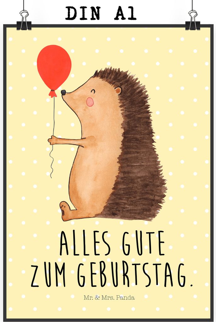 Mr. & Mrs. Panda Bild Igel Luftballon DIN A1 - Gelb Pastell - Geschenk, Geburtstag, Lustige Sprüche, wanddeko, drucke, Herzlichen Glückwunsch, Wa...