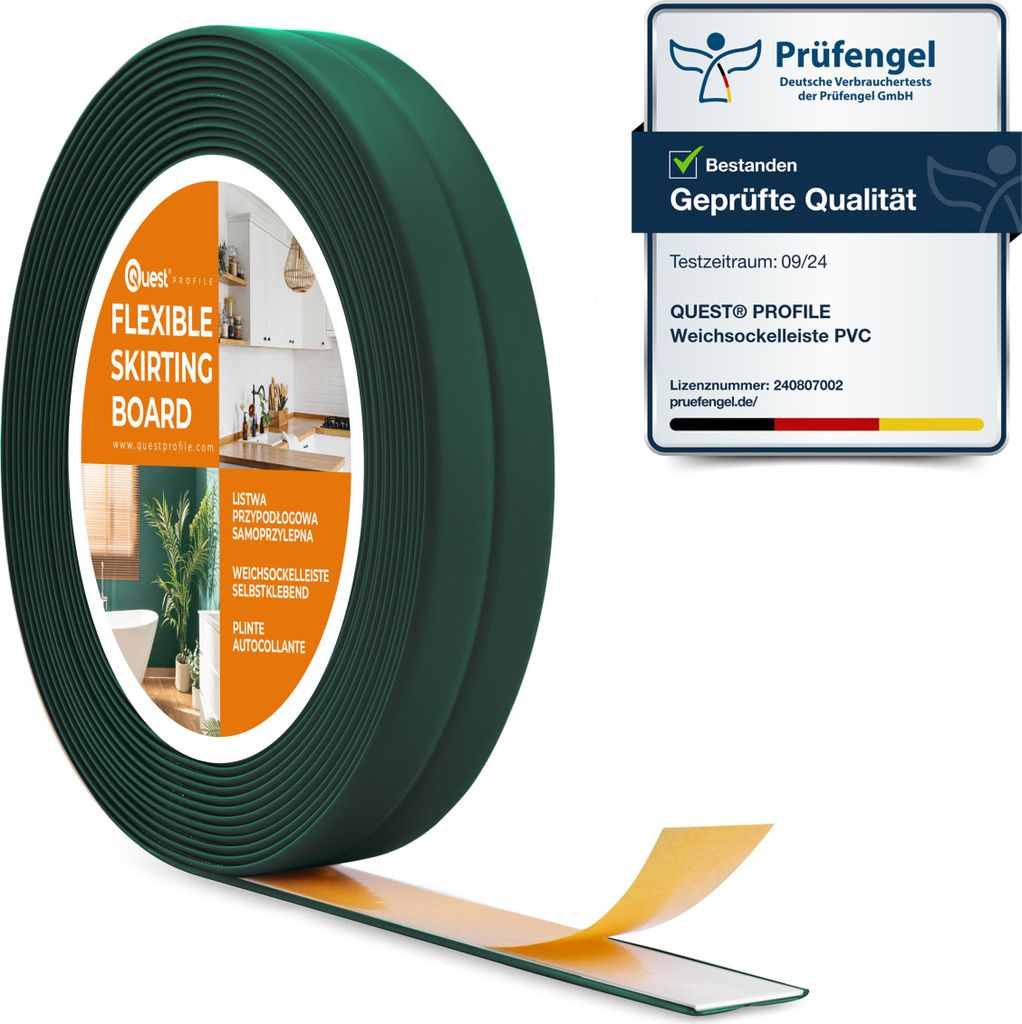 A roll of green flexible skirting board with adhesive backing is shown, along with a certification badge.