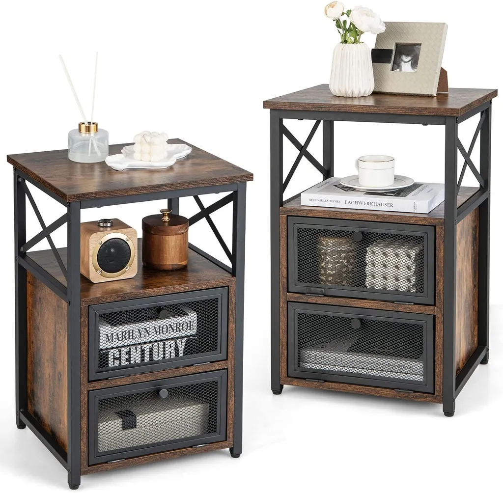 Comodino Design Industriale COSTWAY - Tavolino 4 Piani con 2 Cassetti
