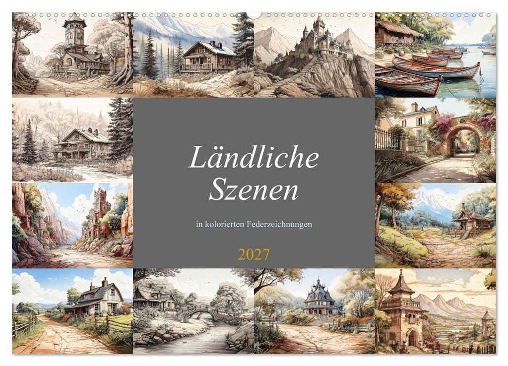 Ländliche Szenen in kolorierten Federzeichnungen (Wandkalender 2027 DIN A2 quer), CALVENDO Monatskalender