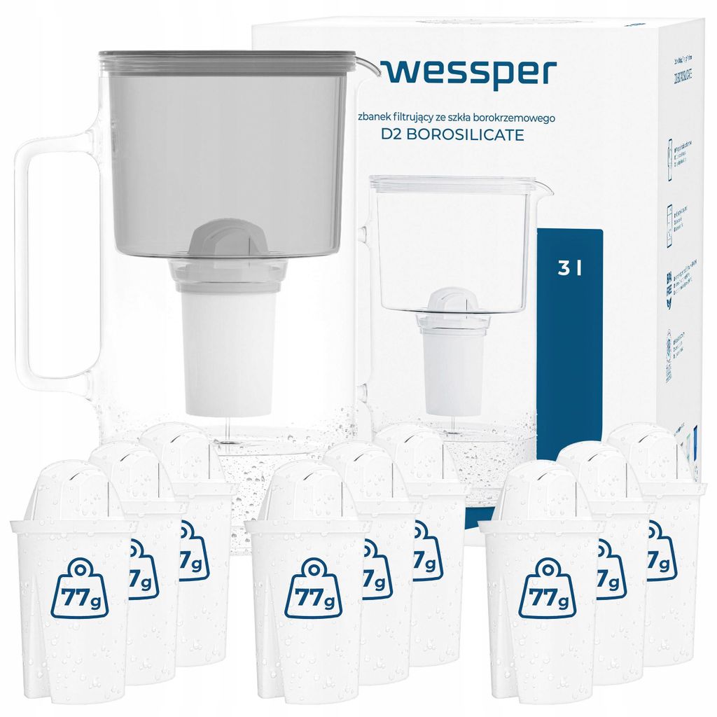 Wessper D2 BOROSILICATE Wasserfilterkanne 3 L Grau – Produktbild 