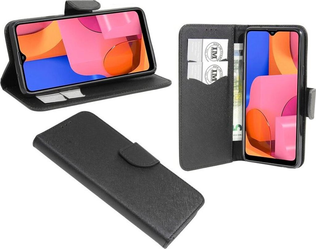 Buchtasche "Fancy" für SAMSUNG GALAXY A20S (A207F) Handy Hülle Schutzhülle mit Standfunktion, Kartenfach Schwarz