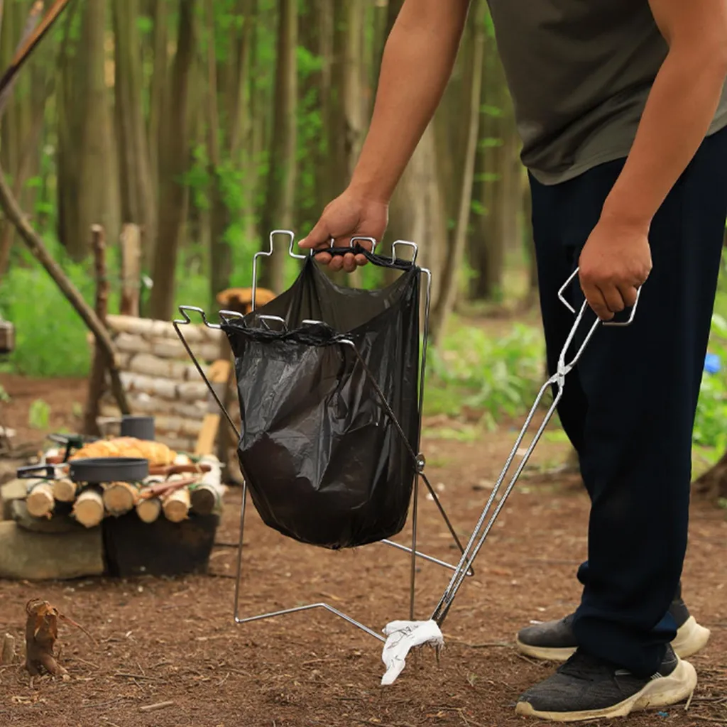Porte-sac poubelle camping et barbecue, support pliable inox extérieur