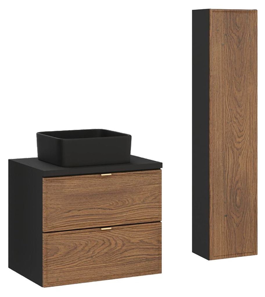 Waschtisch und Hängesäule 60.2cm Elena mit 2 Schubladen, Holzoptik und Schwarz