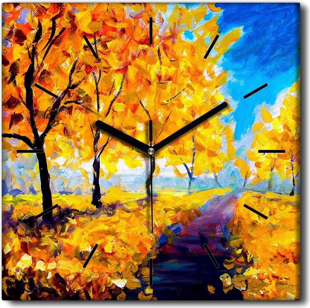 Coloray Uhr auf Leinwand 30x30 cm Wand Uhr Dekoration Wohnzimmer Segeltuch schwarze Hände -Herbstparkbäume