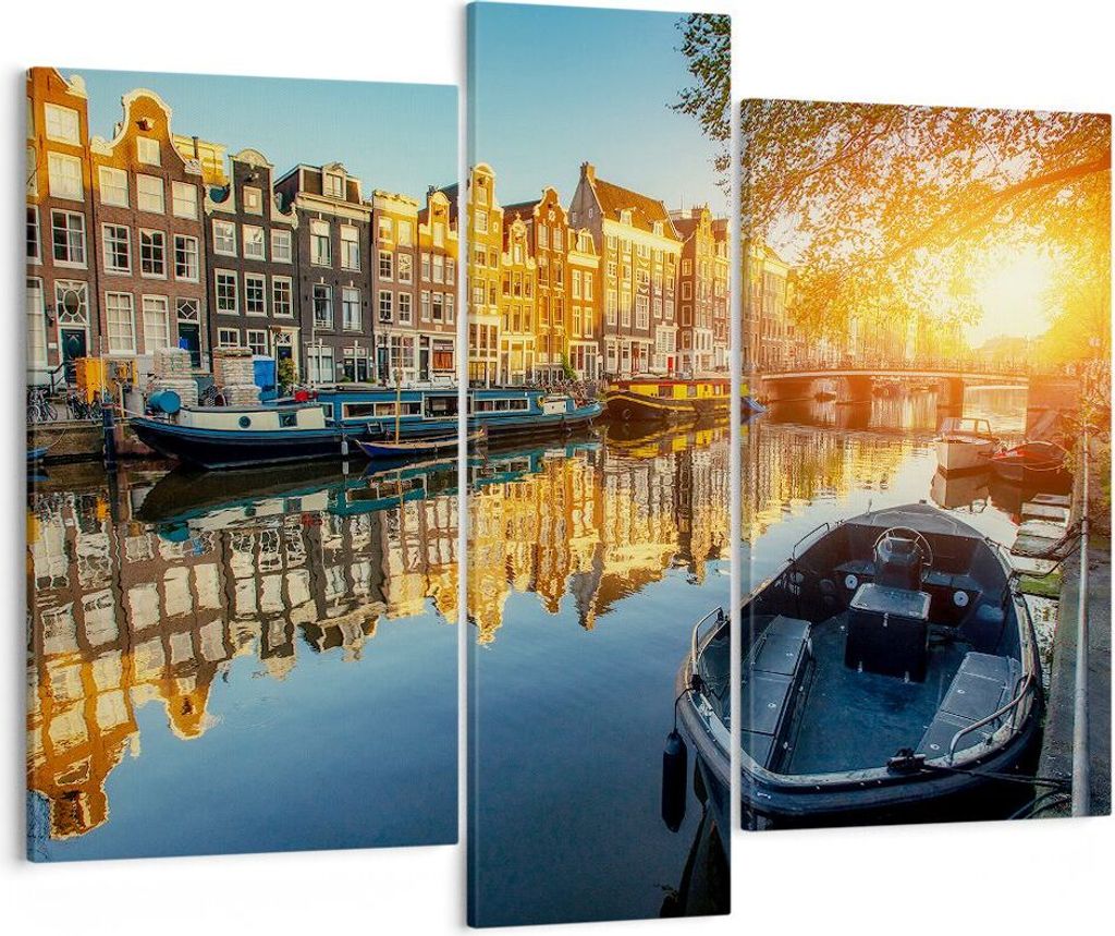 Bild auf Leinwand - Leinwandbild - Kanal Boot Amsterdam Wasser - 95x80cm - Wand Bild - Wanddeko - Leinwanddruck - Bilder - Kunstdruck - Wanddekorat...