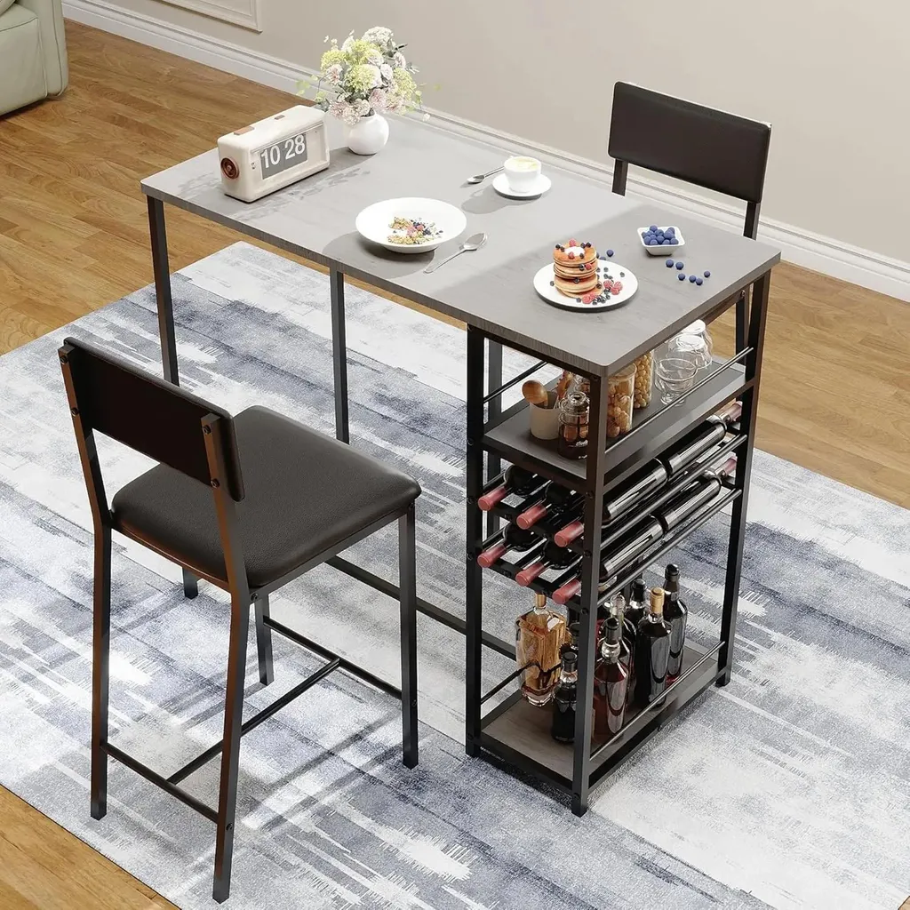 Coin repas gain de place avec table haute de bar et casier à bouteilles