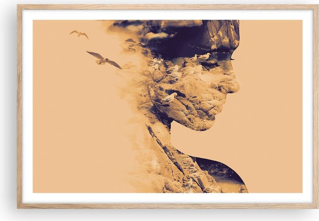 Gerahmtes Poster - Rahmen in heller Eiche - Frau Vögel Fotomontage - 91,5x61 cm - Wand Bild - Wanddeko - Wandbilder - Wandposter - Bilderrahmen - ...