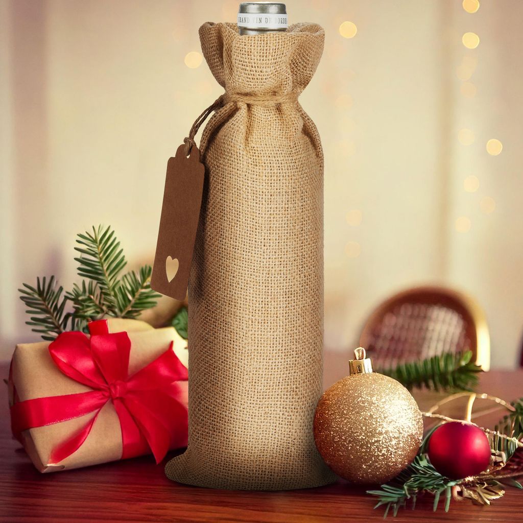 3 Sacchetti Regalo Natale Per Bottiglie Di Vino – In Iuta Con Coulisse E Babbo Natale