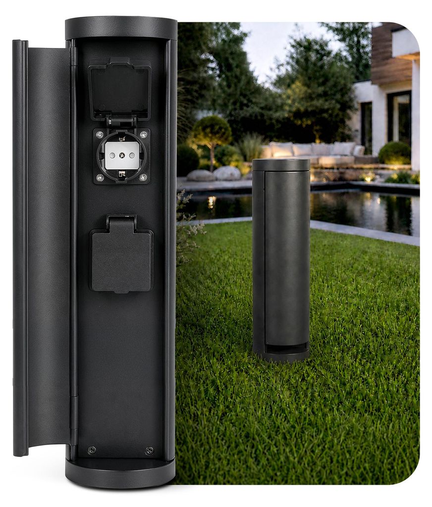 SSC-LUXon PALISO Design Steckdosensäule mit 2x Steckdosen für Garten & Außen - Energiesäule mit Tür schwarz IP44 Höhe 39,5 cm