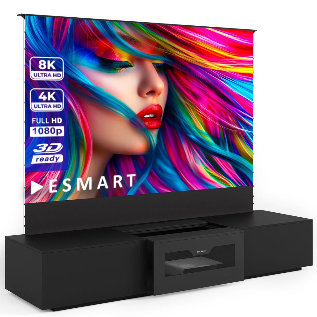 ESMART Expert FSX ALR CBSP Tension Leinwand 221 x 125 cm (100") 16:9 + FSXL Lowboard | Funk Fernbedienung | UKD Laser
