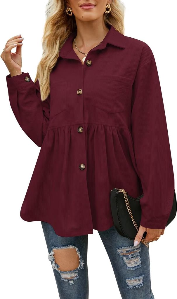ASKSA Women's Blouse Corduroy Shirt Babydoll Shacket Jacket Lapels Long Sleeve Shirts, Weinrot, L