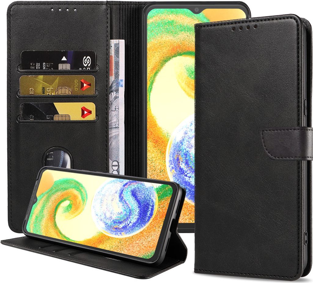 Passend für Samsung Galaxy A04s Handytasche Kunstleder mit magnetischer Lippe und Kartenhalter Buchhülle mit Klappe - Schwarz - Smartphonics