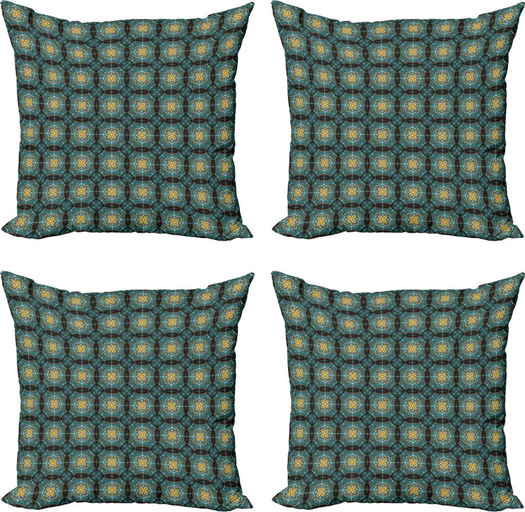 ABAKUHAUS Fractal Kissenbezug Set (4 Stück), Vintage-Blüten, Moderner Doppelseitiger Digitaldruck, 40 cm x 40 cm, Blassblau Senf