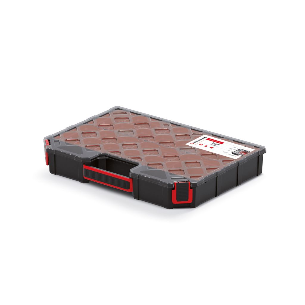 A closed organizer box with a textured lid and red accents.