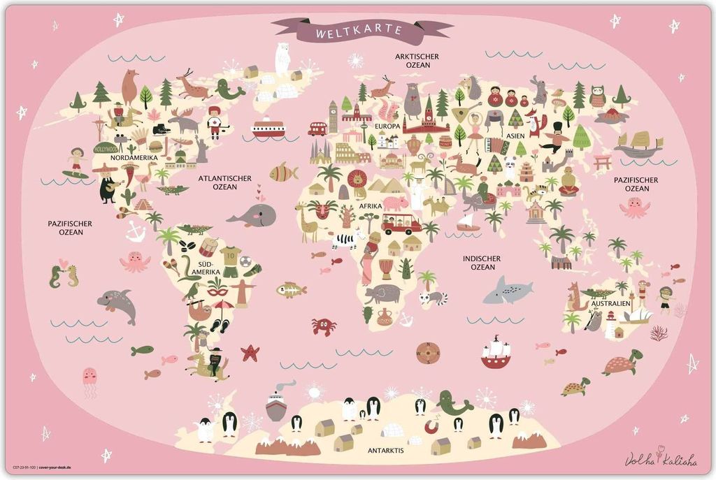 Schreibtischunterlage für Kinder – abwaschbar – Weltkarte in rosa mit Tieren – 60 x 40 cm – aus premium Vinyl - Germany - Mädchen