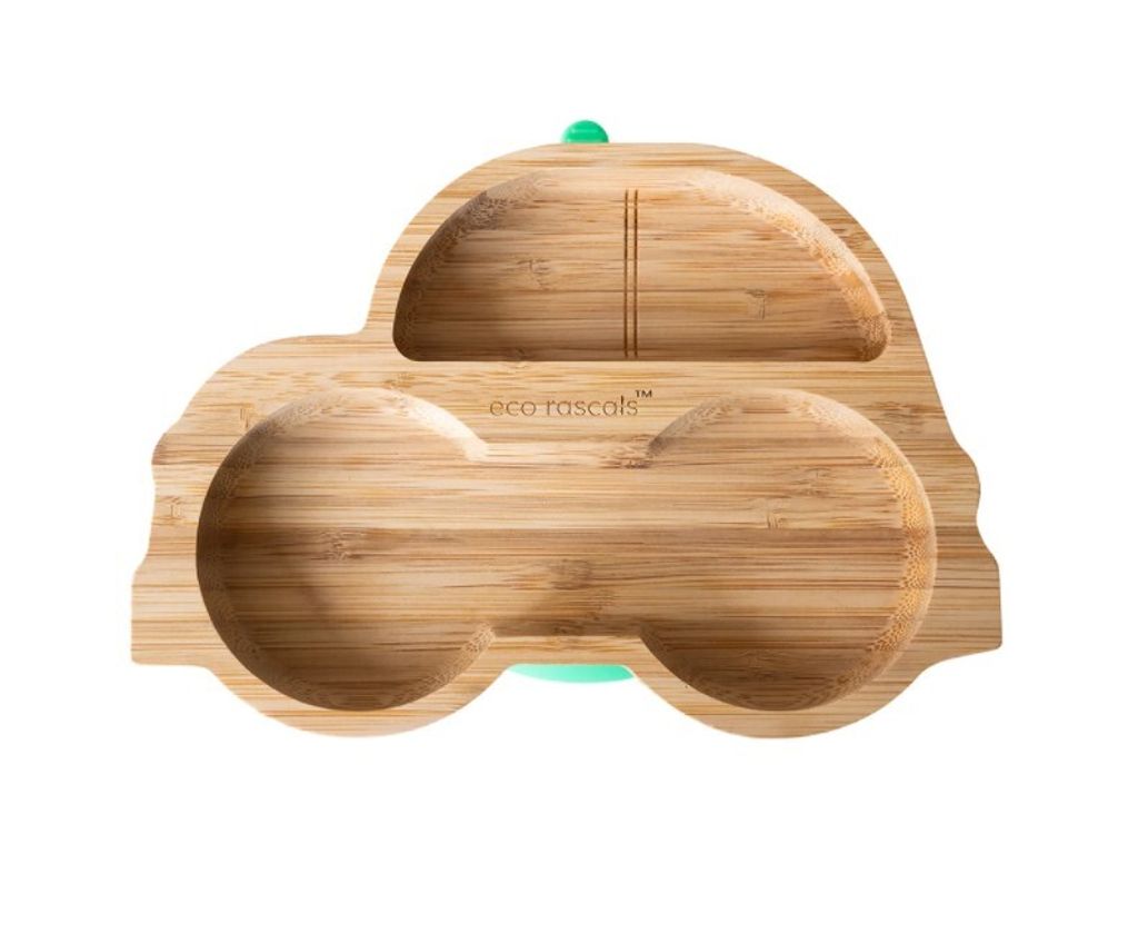 A bamboo plate shaped like a car, shown from a top-down perspective against a white background.