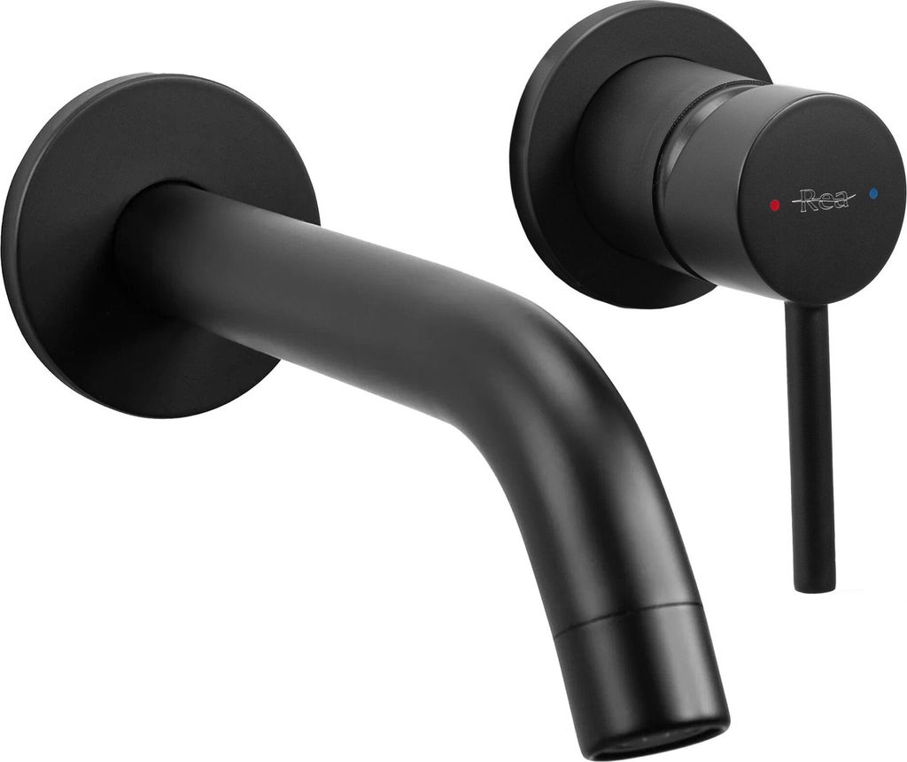 A black wall-mounted faucet and its control handle are shown against a white background.