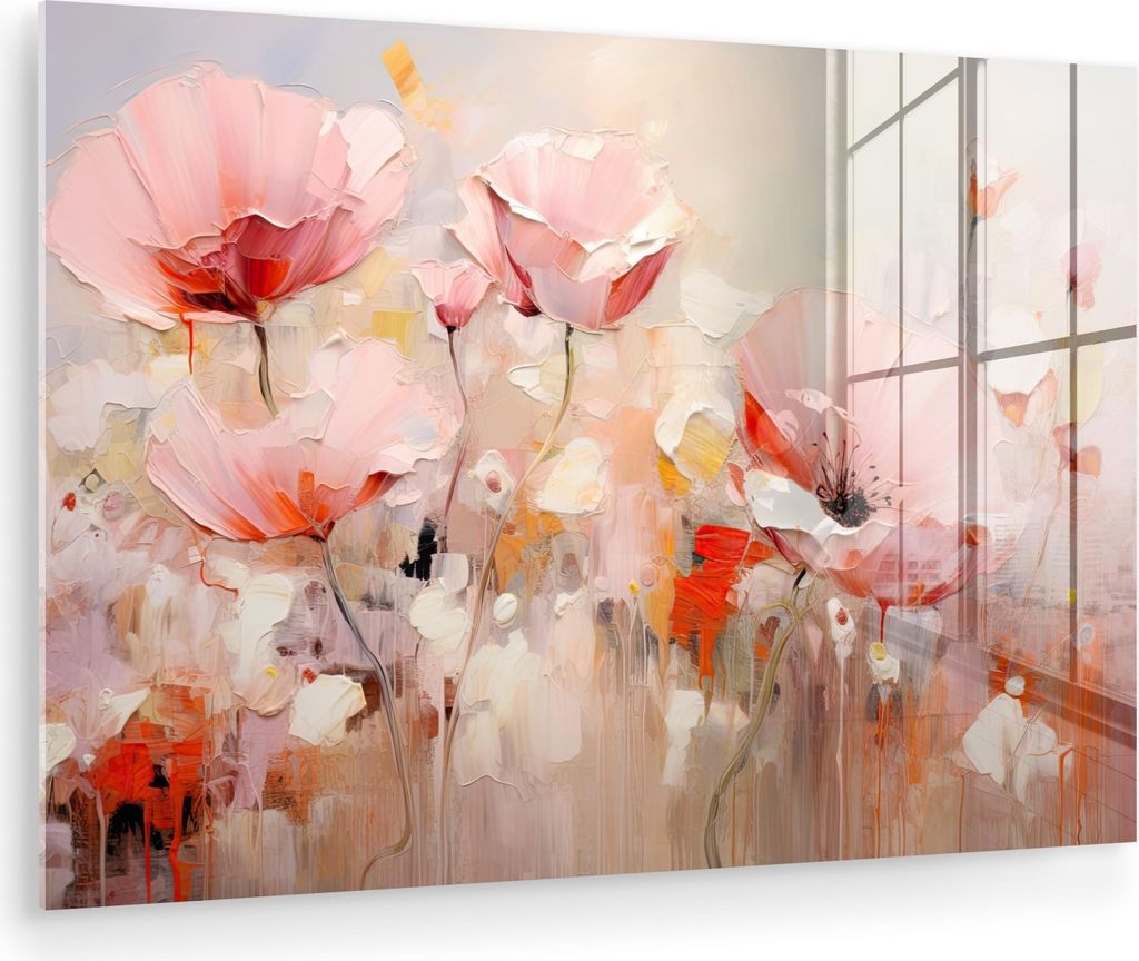 MuchoWow Glasbilder - Bilder auf Wandbild - Foto auf Glas Blumen - Aquarell - Rosa - Abstrakt - Kunst 60x40 cm Wanddekoration aus Glas - Acrylglasb...