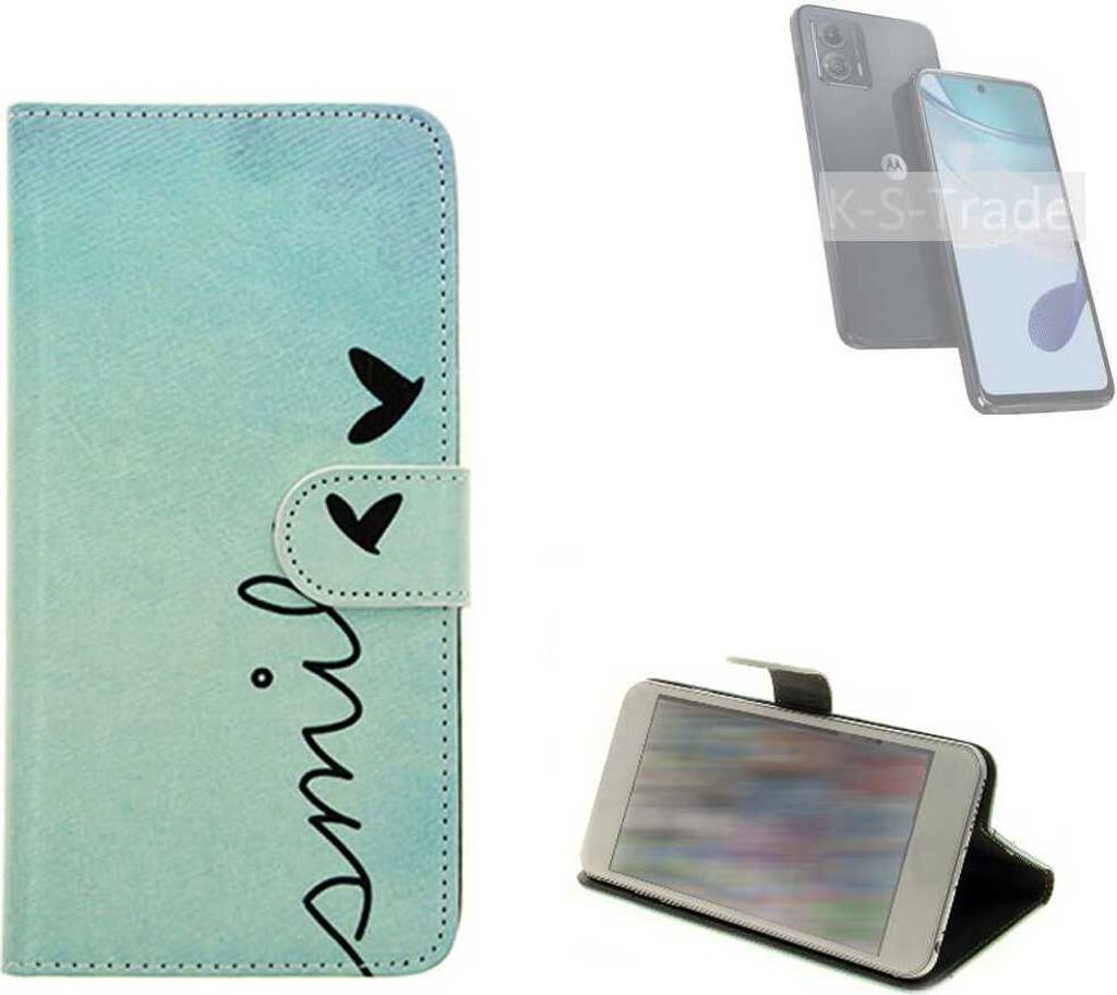 K-S-Trade Schutz Hülle Handy Hülle kompatibel mit Motorola Moto G53 5G Hülle Handyhülle cover bookstyle Etui Handyhülle “smile“ türkis