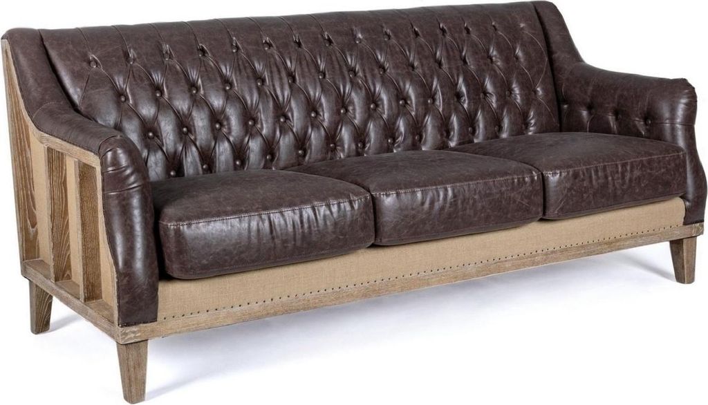 Casa Padrino Luxus Chesterfield Kunstleder Sofa Dunkelbraun / Naturfarben 194,5 x 85 x H. 85 cm - Wohnzimmer Sofa - Wohnzimmer Möbel - Chesterfiel...