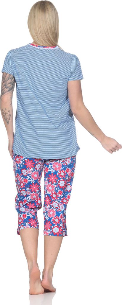 Normann Damen kurzarm Schlafanzug mit Caprihose, Oberteil gestreift – auch in Übergrößen ; marine , 48
