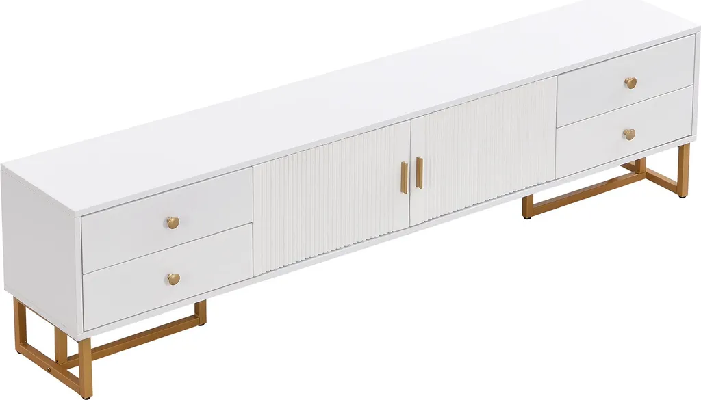 Grand Meuble TV de Salon Blanc et Or pour Rangement Multimédia Elégant