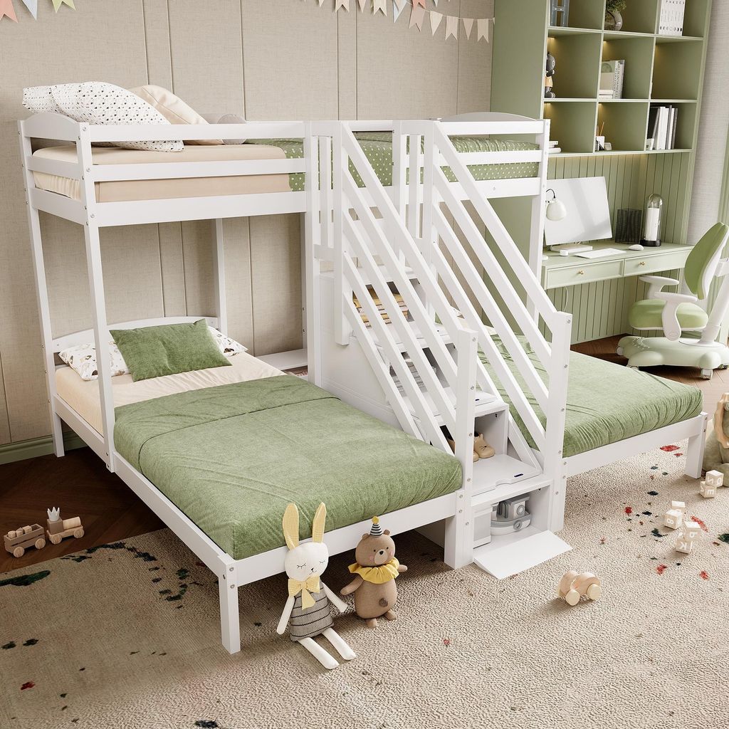 okwish Etagenbett für drei Personen 90x200 Jugendbett mit verstaubare Leiter und Geländer,Kinderbett aus Kiefernholz,weiß (Ohne Matratze)