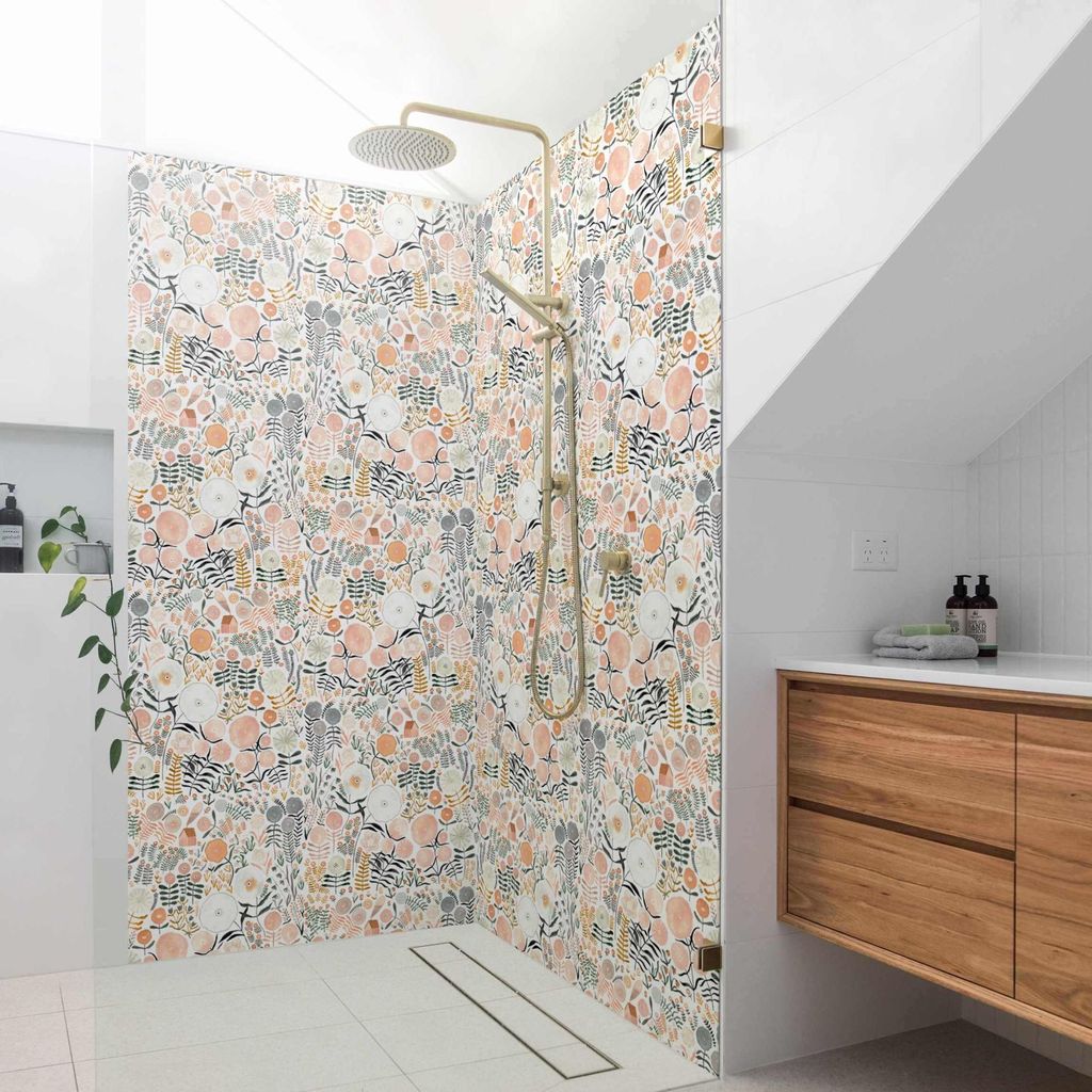 Duschrückwand Blumen selbstklebend - 0.61 mm Wandpaneel wasserfest Blumenmuster pastell Illustration Badrückwand fugenlos Premium matt 80x200 cm