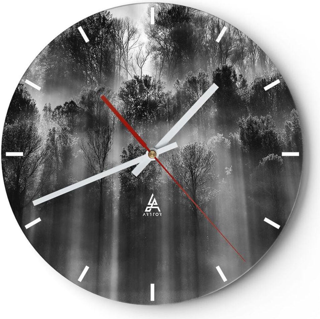 Wanduhr - Rund - Glasuhr - Bäume drinnen Nebel - 30x30cm - Schleichendes Uhrwerk - Lautlos - zum Aufhängen bereit - Dekoration Modern - Wanddekor...
