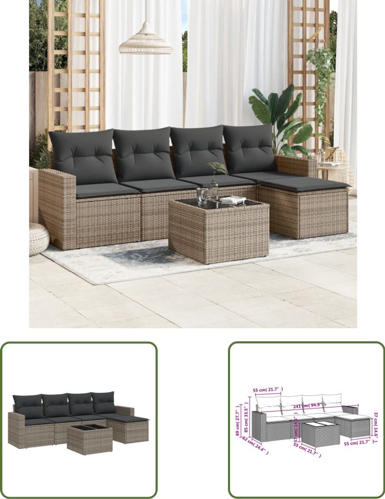 The Living Store 6-tlg. Garten-Sofagarnitur mit Kissen Grau Poly Rattan