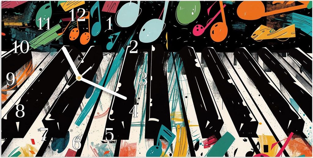 Wanduhr aus Glas mit Motiv Musiknoten Klavier- 60 x 30 cm - inkl. Aufhängesystem