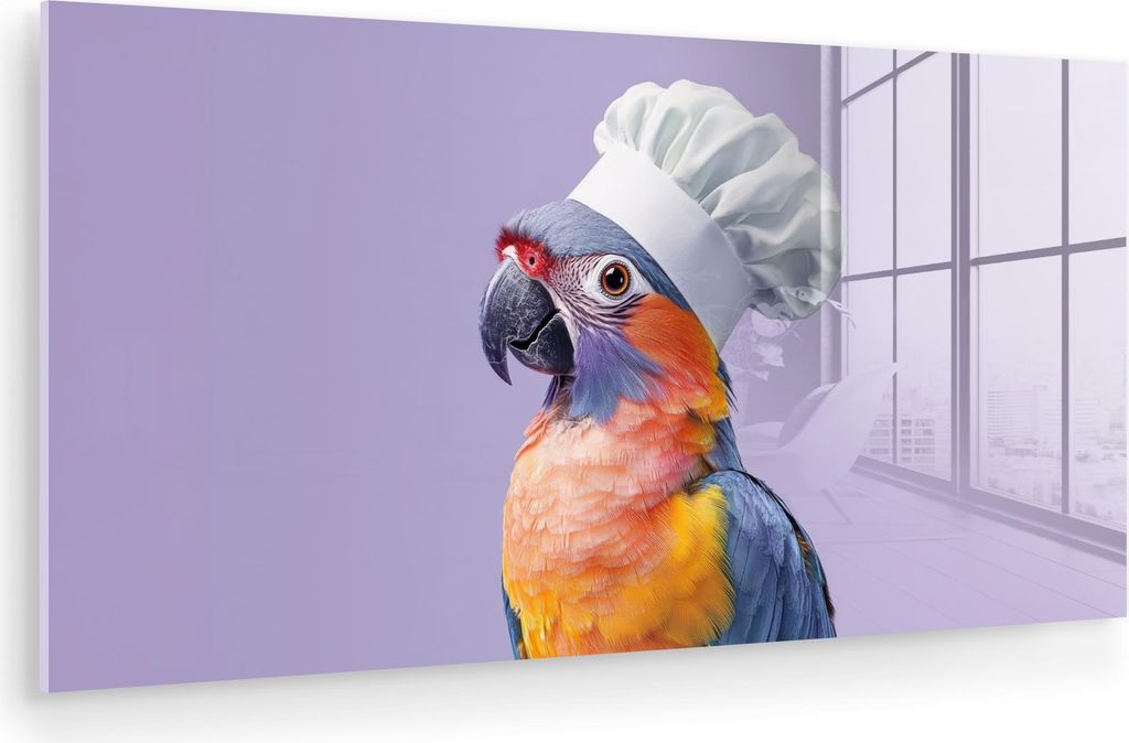 MuchoWow Glasbilder - Bilder auf Wandbild - Foto auf Glas Papagei - Kochmütze - Lila - Niedlich 40x20 cm Wanddekoration aus Glas - Acrylglasbild -...
