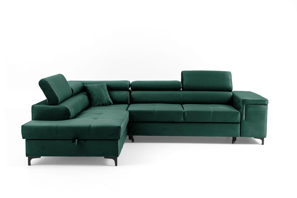 NEXT COLLECTION Ecksofa WILLIAM mit Bettkasten,Dekokissen, verstellbaren Kopfstützen, Metallfüßen, mit Schalffunktion, Grün, Links