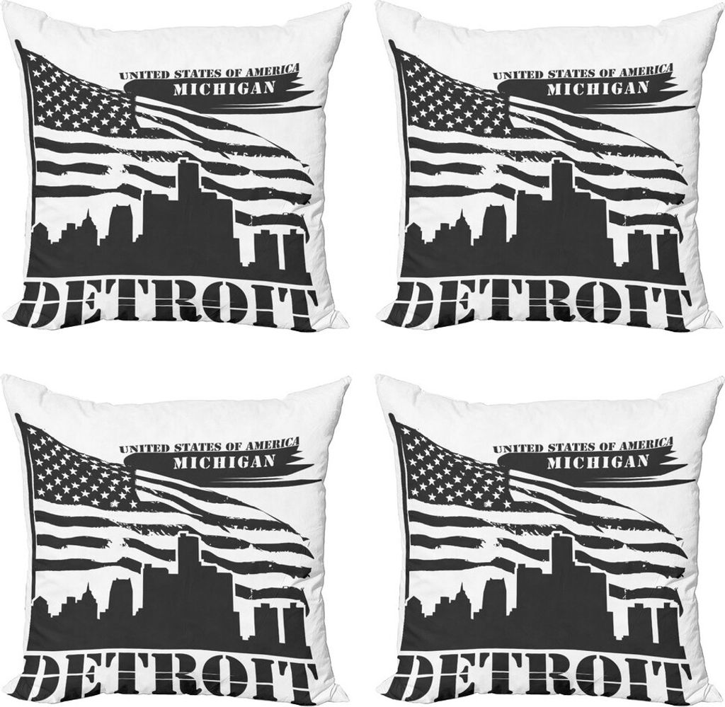 ABAKUHAUS Detroit Kissenbezug Set (4 Stück), USA-Flagge Grunge-Stadt, Moderner Doppelseitiger Digitaldruck, 50 cm x 50 cm, Charcoal Grau Weiß