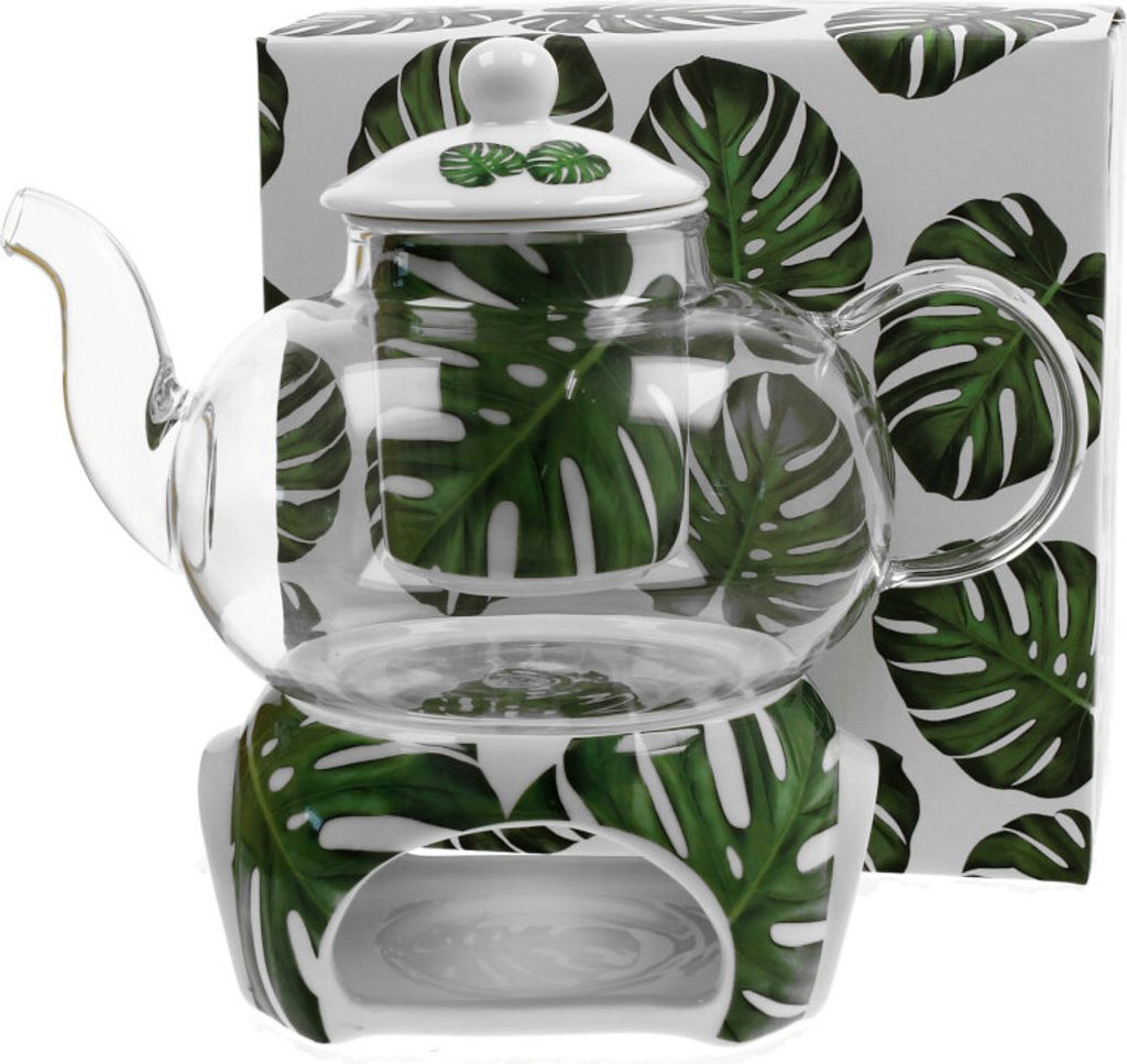 DUO FLORAL 30464 Teekanne 1000 ml mit Teesieb MONSTERA mit Teesieb, Glas - New Bone China Porzellan
