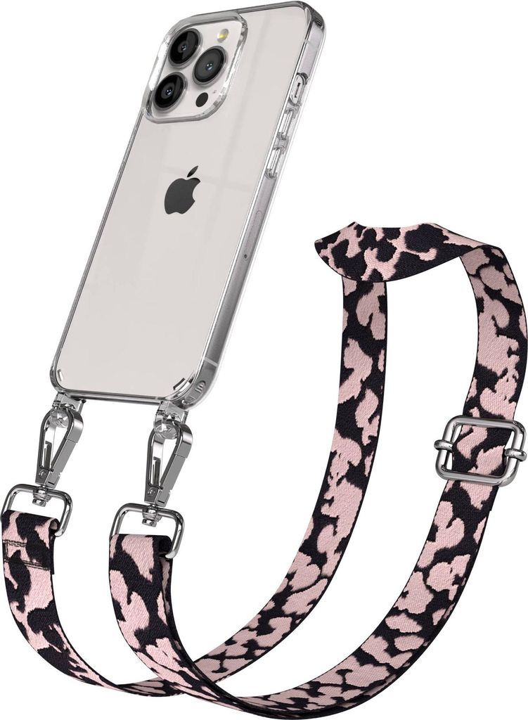 EAZY CASE Handykette - Verstellbarer Trageriemen kompatibel mit Apple iPhone 13 Pro, Handykordel mit transparenter Silikon-Hülle, Karabiner Silber...