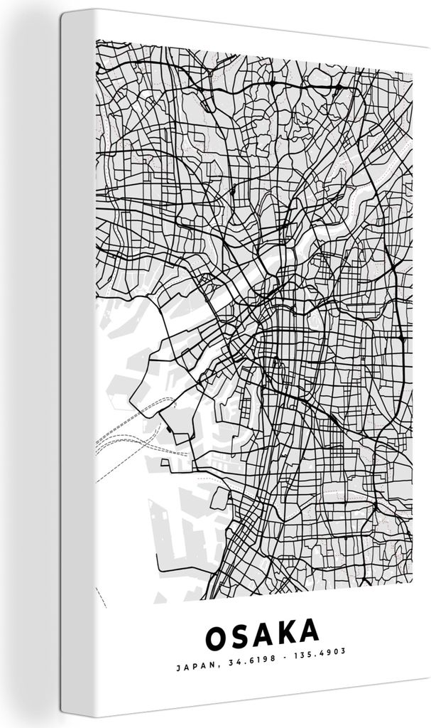 OneMillionCanvasses - Leinwandbilder - 90x140 cm, Osaka - Stadtplan - Schwarz und weiß - Karte, Wandbilder Kunstdruck Wanddekoration - Foto auf ...