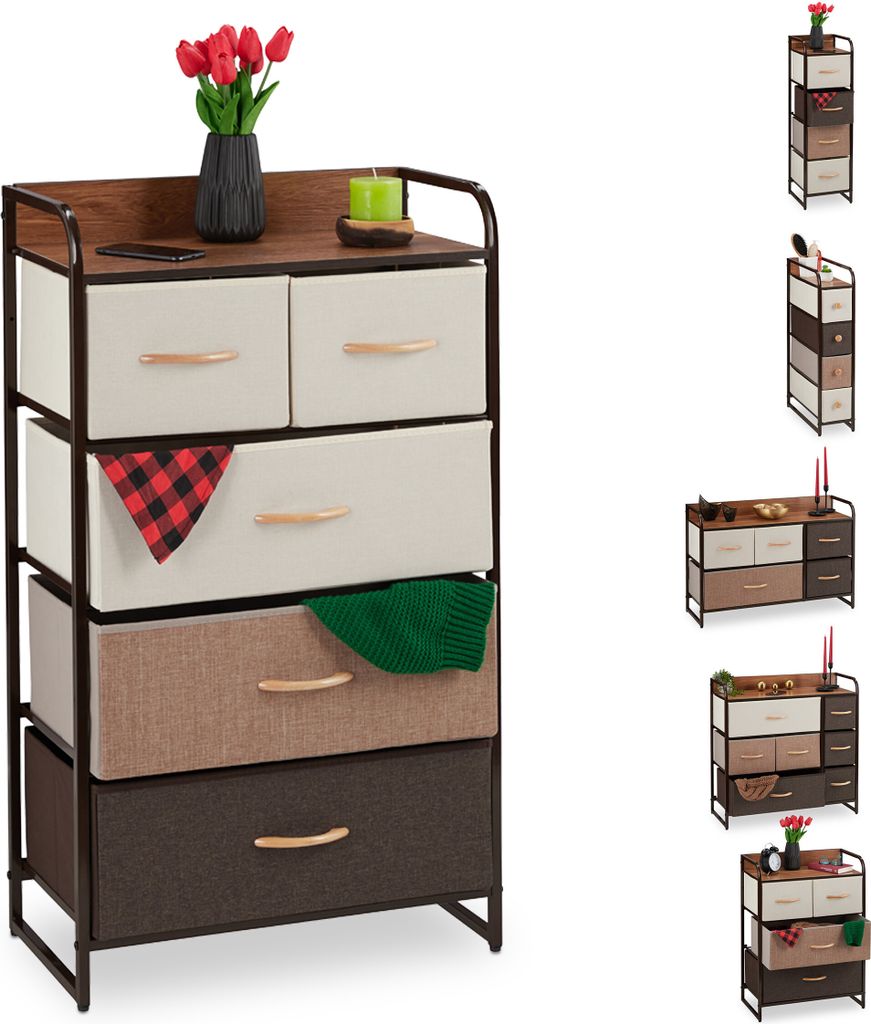 Comodino Relaxdays, 5 scomparti in tessuto, ripiano, Immagine del prodotto 