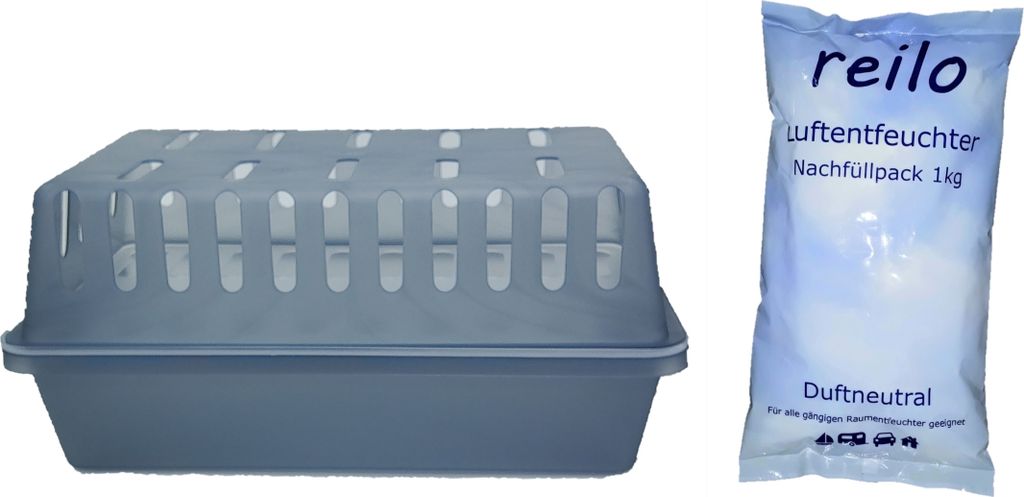 2x XXL Raumentfeuchterbox (gt) mit 10x 1kg "reilo" Luftentfeuchter- Raumentfeuchter- Granulat Nachfüllpack im Vliesbeutel