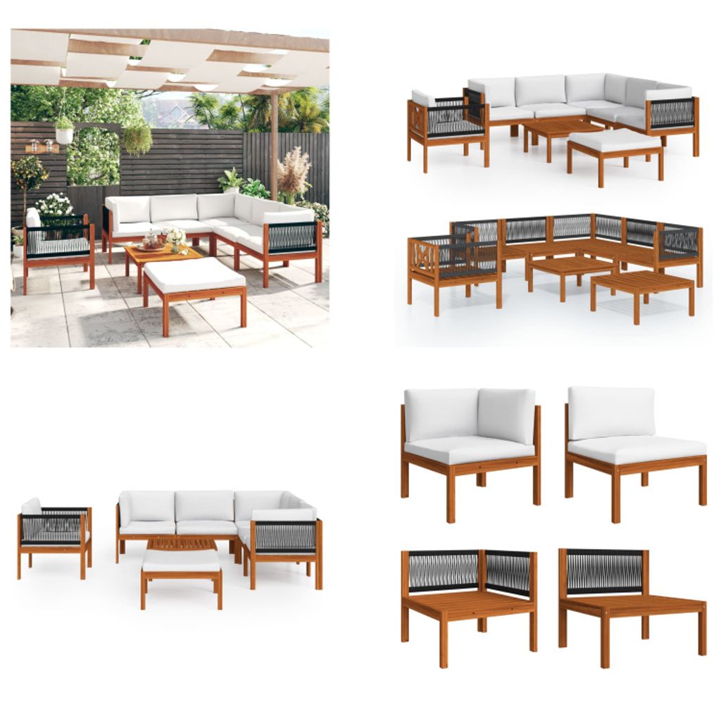 vidaXL 8 tlg. Garten Lounge Set mit Kissen Cremeweiß Massivholz Akazie - Gartenmöbel-Set - Gartenmöbel-Sets - Gartensofa - Gartensofas