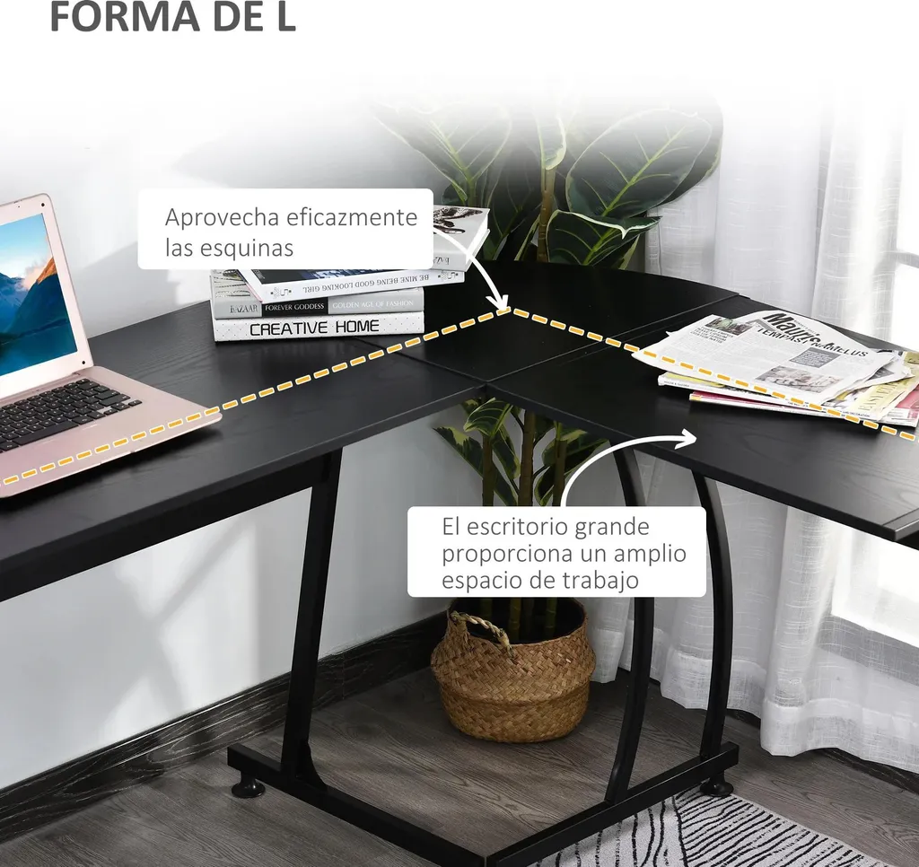 Bureau en L noir avec large plateau 152 cm - Structure robuste et stable