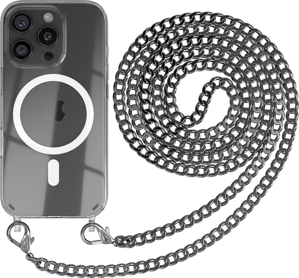 EAZY CASE Handykette kompatibel mit Apple iPhone 16 Pro, Kette zum Umhängen aus Metall, Silikonhülle mit Band, stoßfest, mit MagSafe in Grau