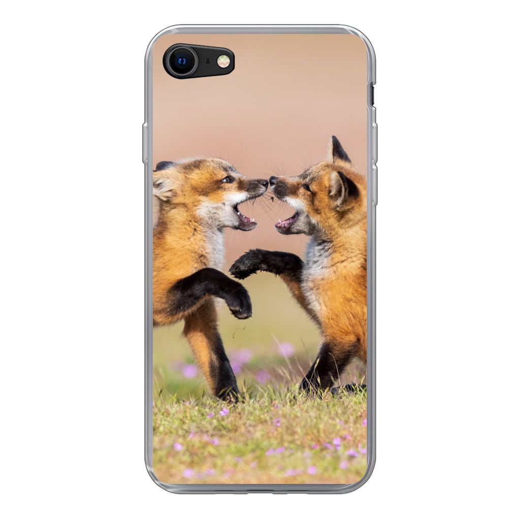 MuchoWow Handyhülle Schutzhülle Hülle für iPhone SE 2020 Füchse - Blumen - Porträt Silikon Softcase Handy Hülle - Kartenbesitzer