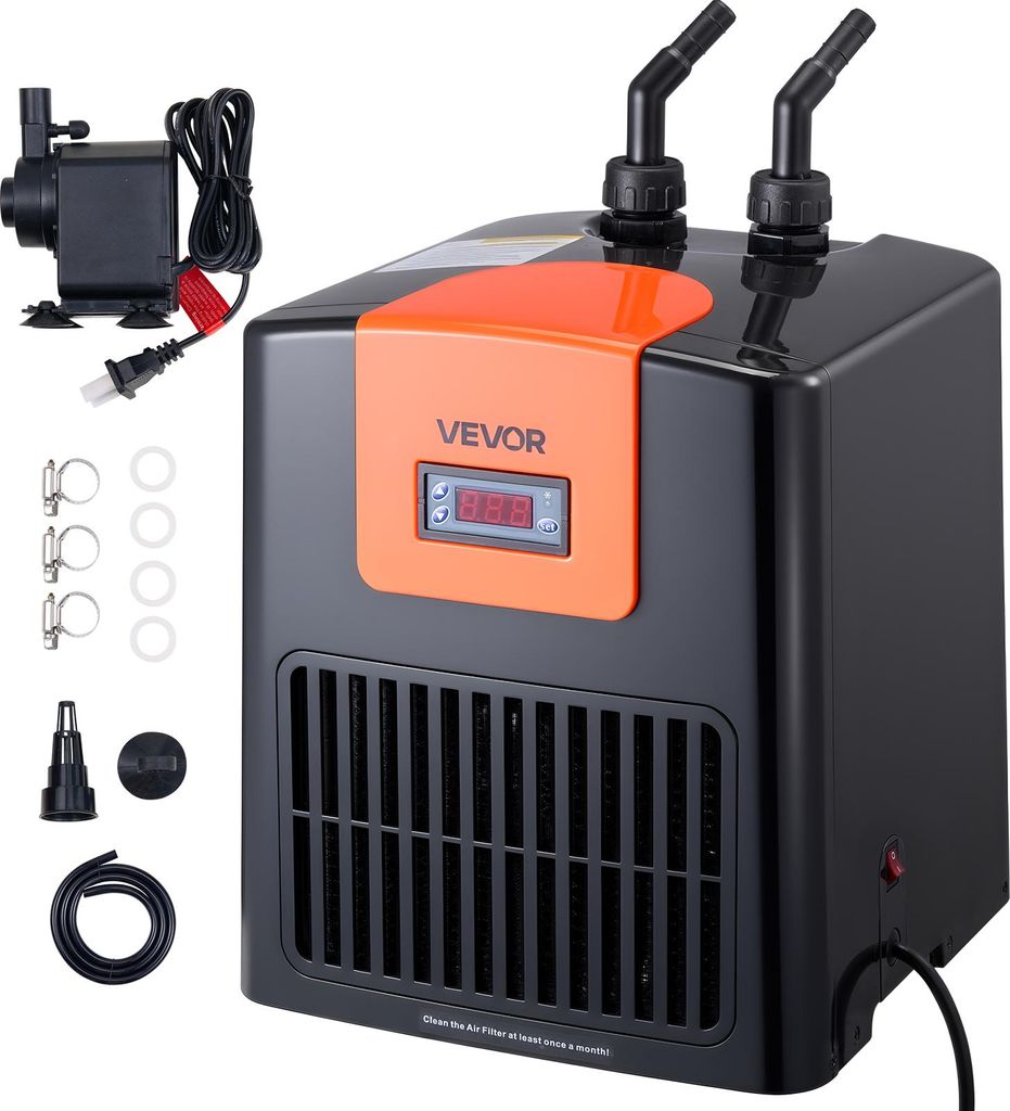 A product shot of an aquarium water chiller and pump with accessories.