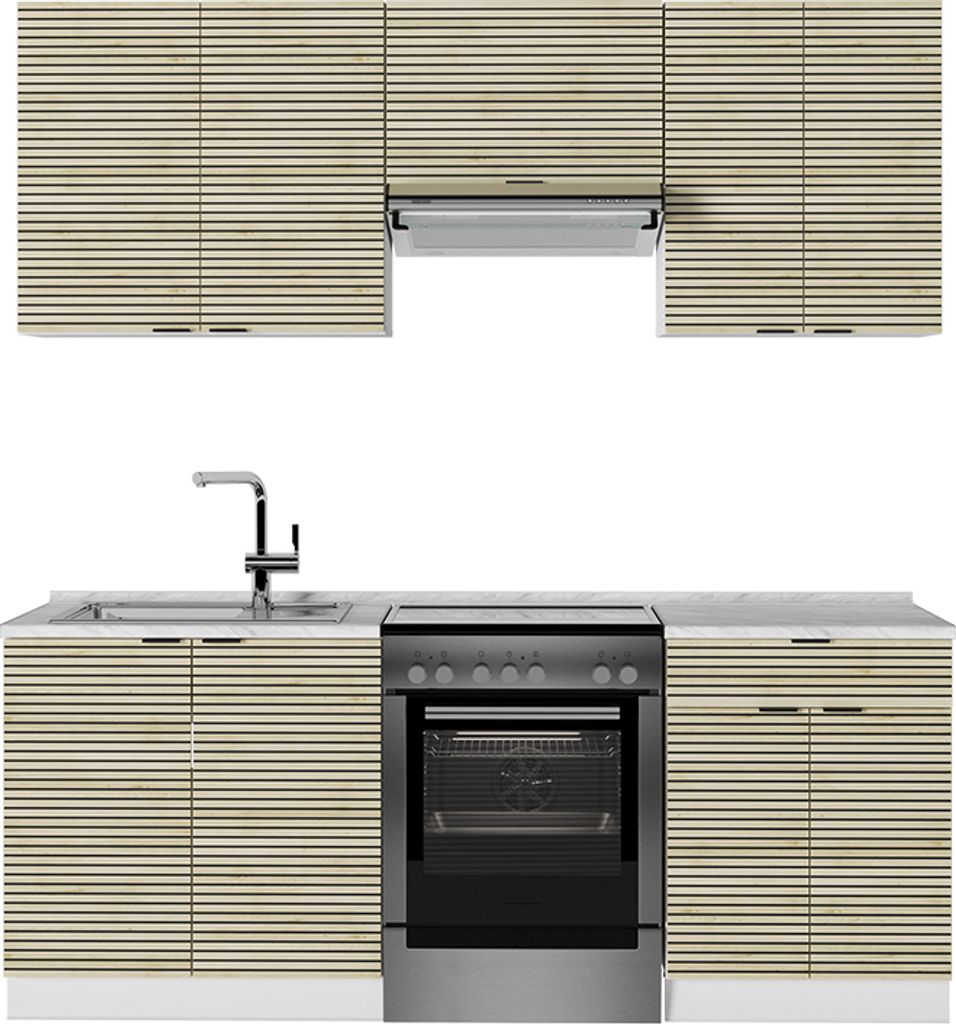 Küchenschränke Vicco Fame-Line Eiche Paneel/Weiß 200 cm , AP Marmor, Model 51604