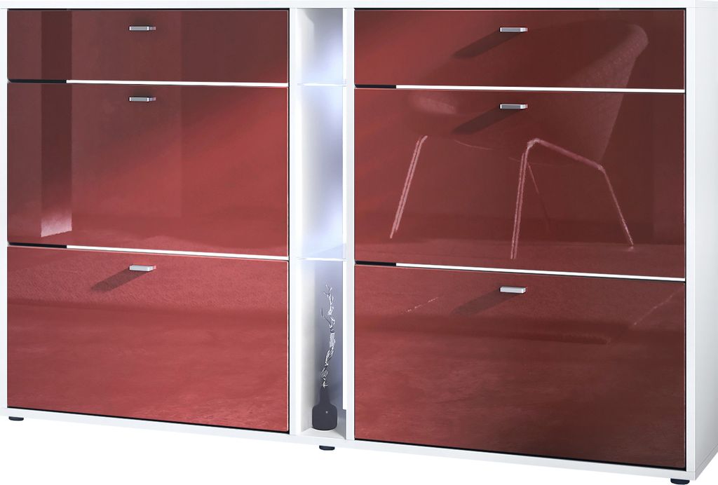 Vladon Schuhschrank Schuhkipper Today 155,5 x 95 x 28 cm, mit weißer LED Beleuchtung, Germany, Korpus in Weiß matt, Fronten in Bordeaux Hochglanz