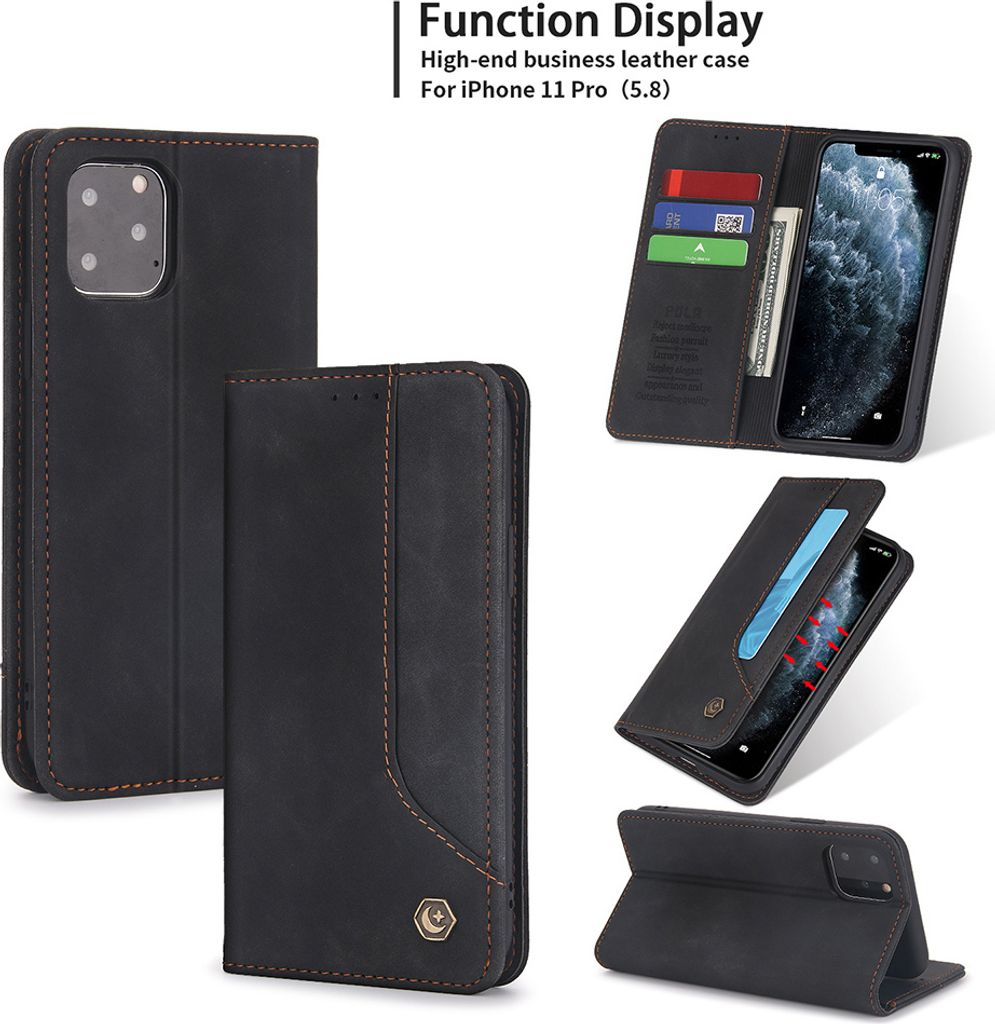 iPhone 11 Pro Hülle, LaimTop Retro Kunstledertasche Schutzhülle mit Kartenfach Standfunktion für iPhone 11 Pro Schwarz